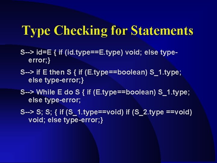 Type Checking for Statements S--> id=E { if (id. type==E. type) void; else typeerror; Type Checking for Statements S--> id=E { if (id. type==E. type) void; else typeerror;
