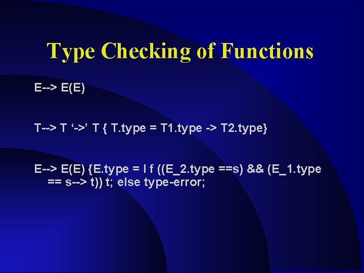 Type Checking of Functions E--> E(E) T--> T ‘->’ T { T. type = Type Checking of Functions E--> E(E) T--> T ‘->’ T { T. type =