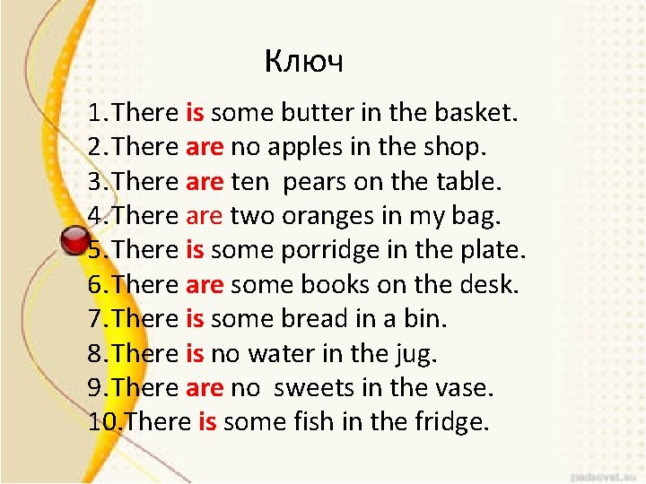 Ключ 1. There is some butter in the basket. 2. There are no apples