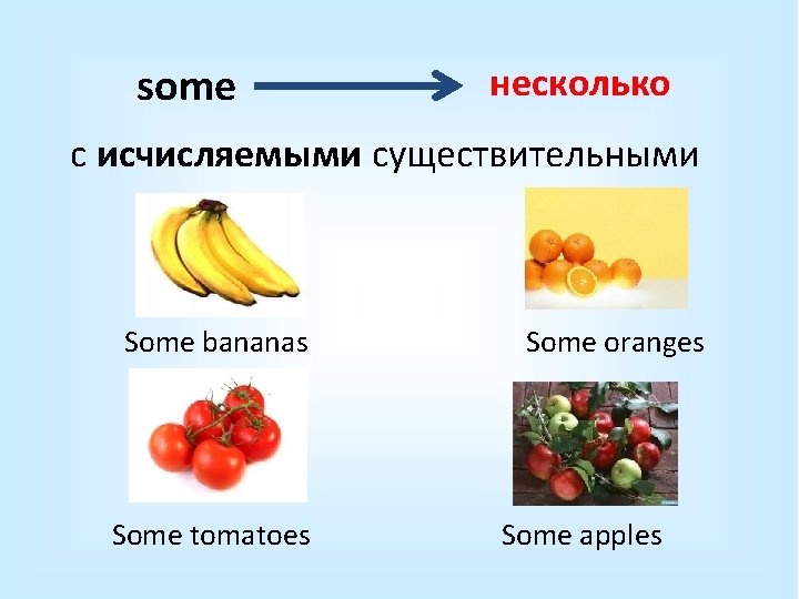 some несколько с исчисляемыми существительными Some bananas Some tomatoes Some oranges Some apples 