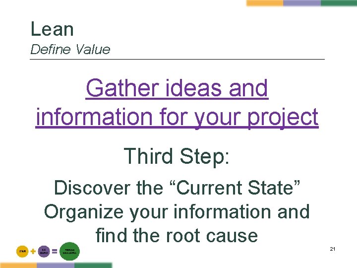 Lean Define Value Gather ideas and information for your project Third Step: Discover the