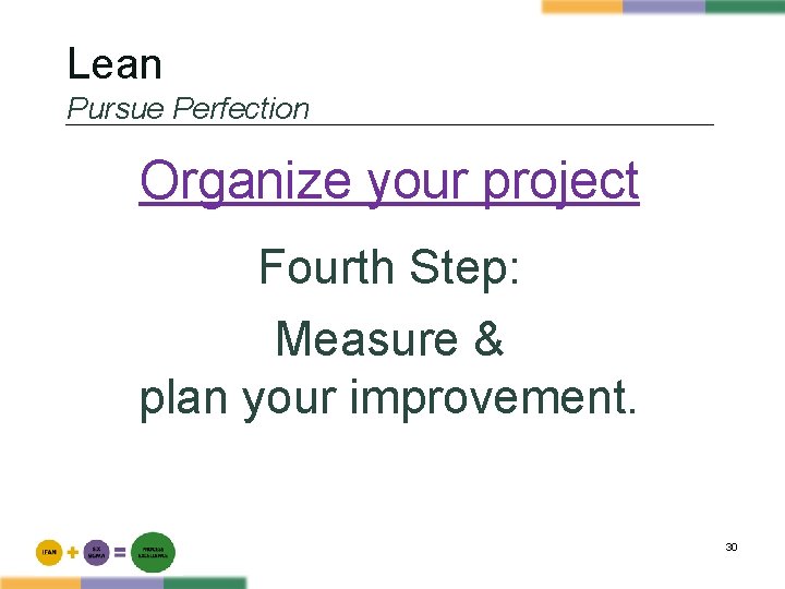 Lean Pursue Perfection Organize your project Fourth Step: Measure & plan your improvement. 30