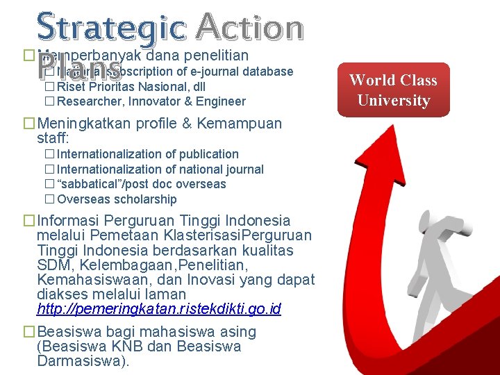 Strategic Action Plans �Memperbanyak dana penelitian � National subscription of e-journal database � Riset