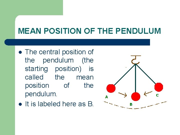 MEAN POSITION OF THE PENDULUM l l The central position of the pendulum (the