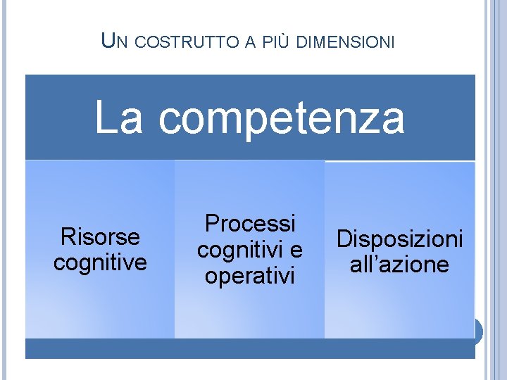 UN COSTRUTTO A PIÙ DIMENSIONI La competenza Risorse cognitive Processi cognitivi e operativi Disposizioni