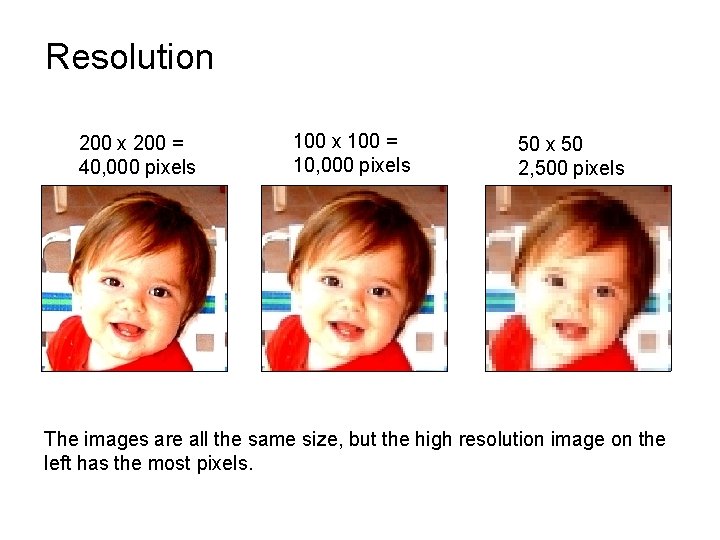 Resolution 200 x 200 = 40, 000 pixels 100 x 100 = 10, 000