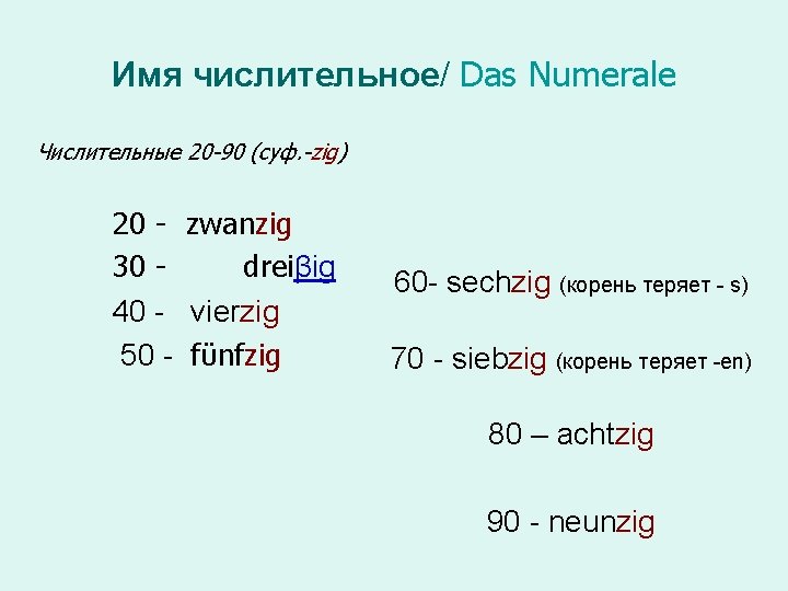 Имя числительное/ Das Numerale Числительные 20 -90 (суф. -zig) 20 - zwanzig 30 dreiβig