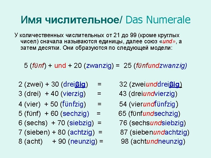 Имя числительное/ Das Numerale У количественных числительных от 21 до 99 (кроме круглых чисел)