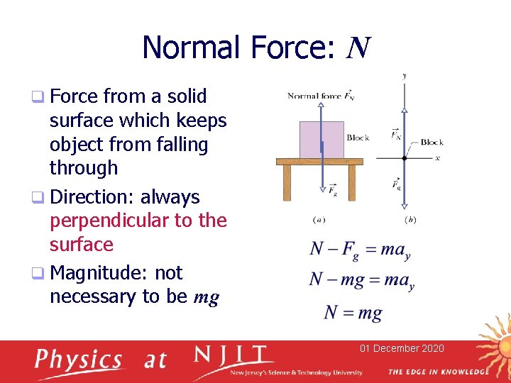 Normal Force: N q Force from a solid surface which keeps object from falling