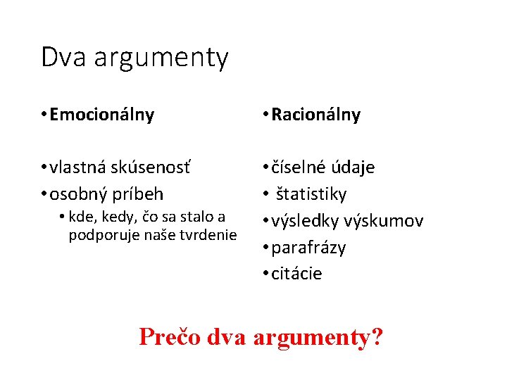 Dva argumenty • Emocionálny • Racionálny • vlastná skúsenosť • osobný príbeh • číselné