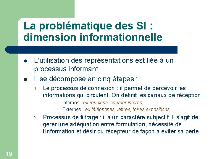 La problématique des SI : dimension informationnelle l l L'utilisation des représentations est liée
