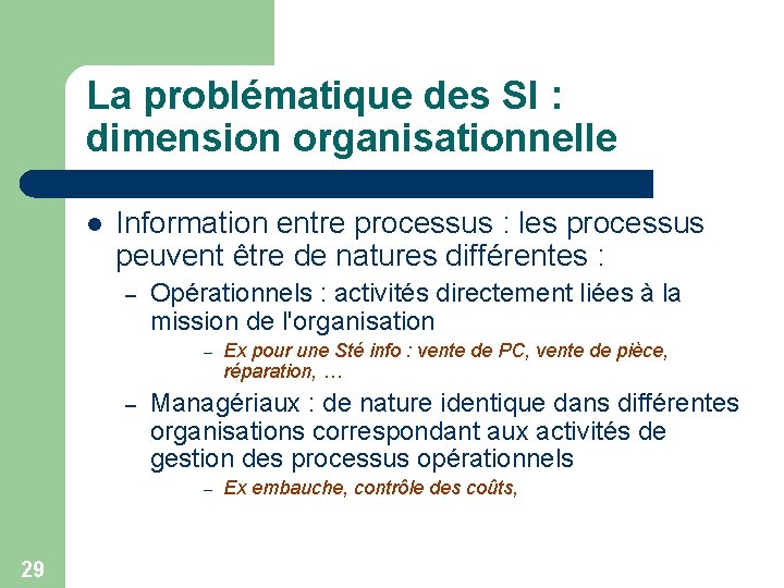 La problématique des SI : dimension organisationnelle l Information entre processus : les processus