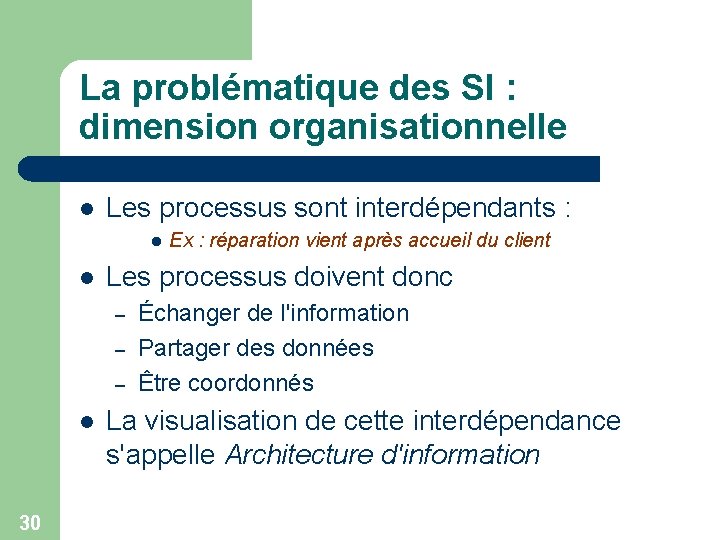 La problématique des SI : dimension organisationnelle l Les processus sont interdépendants : l