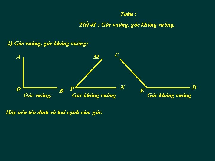 Toán : Tiết 41 : Góc vuông, góc không vuông. 2) Góc vuông, góc