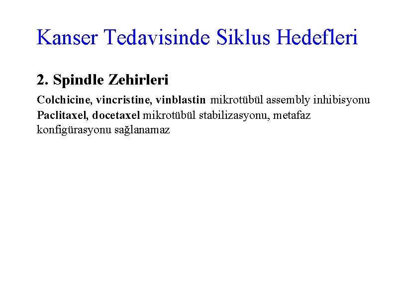 Kanser Tedavisinde Siklus Hedefleri 2. Spindle Zehirleri Colchicine, vincristine, vinblastin mikrotübül assembly inhibisyonu Paclitaxel,