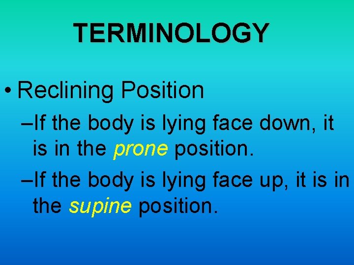 TERMINOLOGY • Reclining Position –If the body is lying face down, it is in