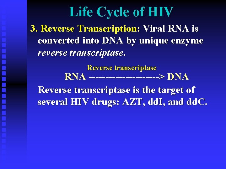 Life Cycle of HIV 3. Reverse Transcription: Viral RNA is converted into DNA by