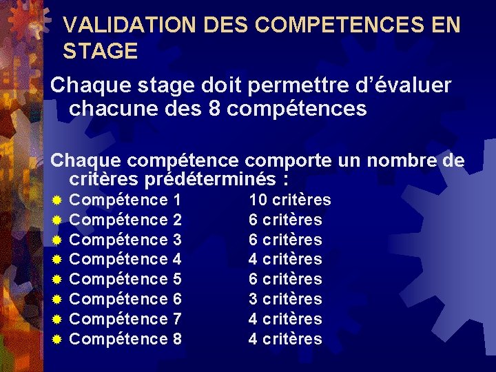 VALIDATION DES COMPETENCES EN STAGE Chaque stage doit permettre d’évaluer chacune des 8 compétences VALIDATION DES COMPETENCES EN STAGE Chaque stage doit permettre d’évaluer chacune des 8 compétences
