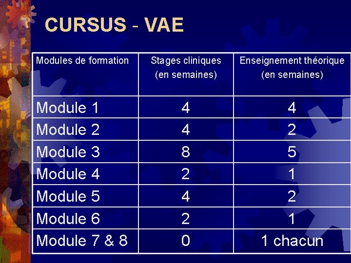 CURSUS - VAE Modules de formation Stages cliniques (en semaines) Enseignement théorique (en semaines) CURSUS - VAE Modules de formation Stages cliniques (en semaines) Enseignement théorique (en semaines)