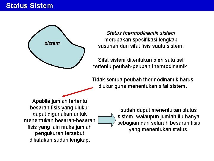 Status Sistem Status thermodinamik sistem merupakan spesifikasi lengkap susunan dan sifat fisis suatu sistem