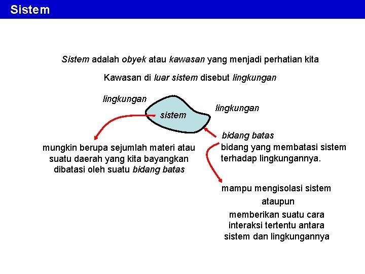 Sistem adalah obyek atau kawasan yang menjadi perhatian kita Kawasan di luar sistem disebut