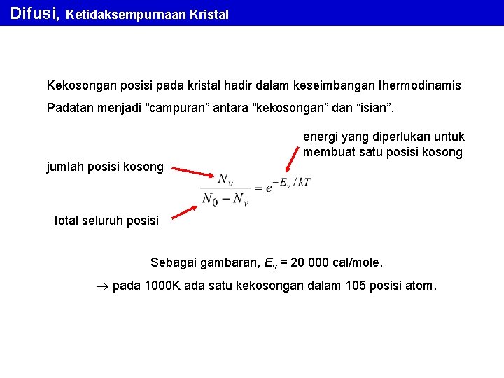 Difusi, Ketidaksempurnaan Kristal Kekosongan posisi pada kristal hadir dalam keseimbangan thermodinamis Padatan menjadi “campuran”