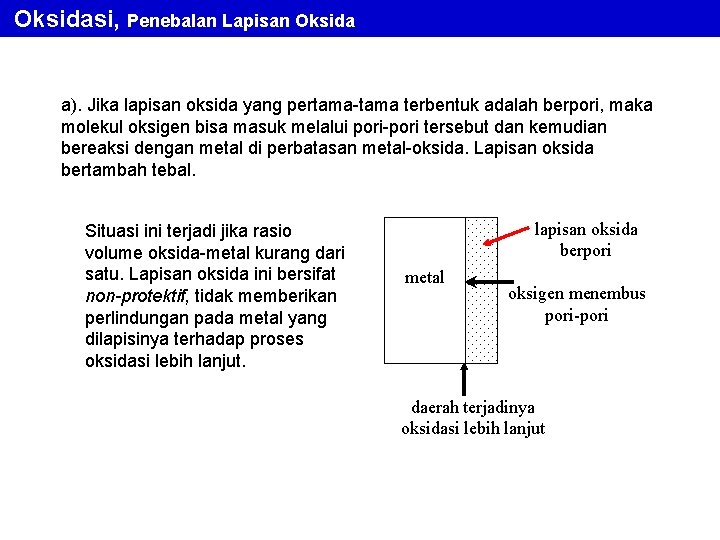 Oksidasi, Penebalan Lapisan Oksida a). Jika lapisan oksida yang pertama-tama terbentuk adalah berpori, maka