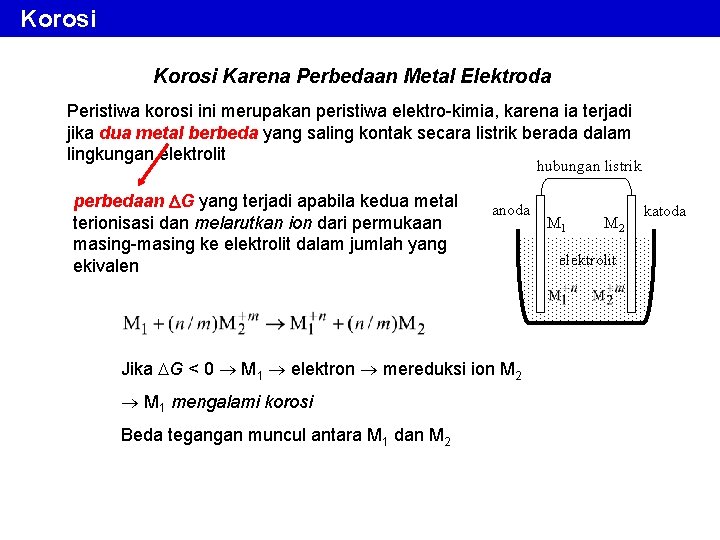 Korosi Karena Perbedaan Metal Elektroda Peristiwa korosi ini merupakan peristiwa elektro-kimia, karena ia terjadi