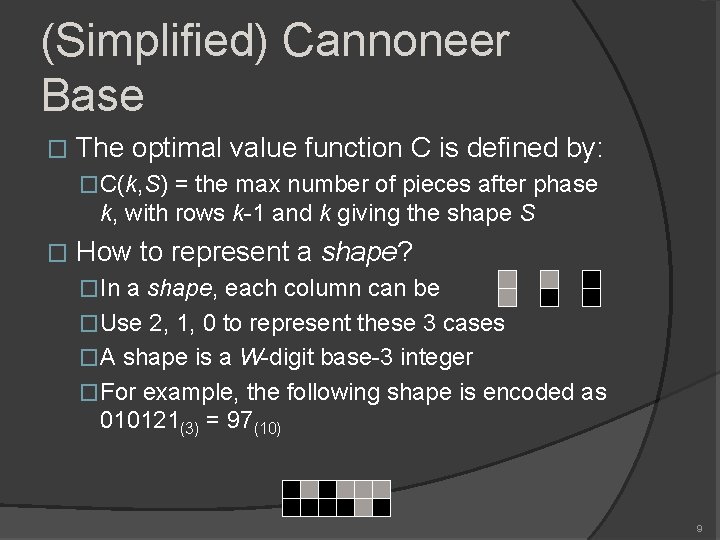 (Simplified) Cannoneer Base � The optimal value function C is defined by: �C(k, S)