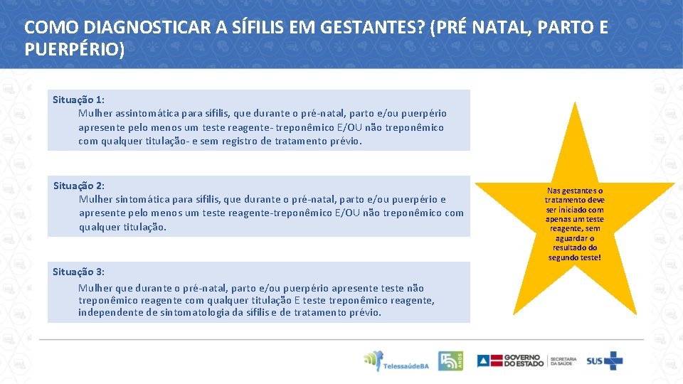 COMO DIAGNOSTICAR A SÍFILIS EM GESTANTES? (PRÉ NATAL, PARTO E PUERPÉRIO) Situação 1: Mulher