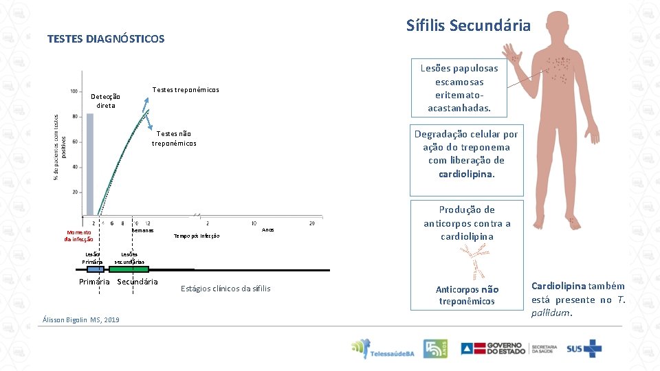 Sífilis Secundária TESTES DIAGNÓSTICOS Lesões papulosas escamosas eritematoacastanhadas. Testes treponêmicos Detecção direta Degradação celular