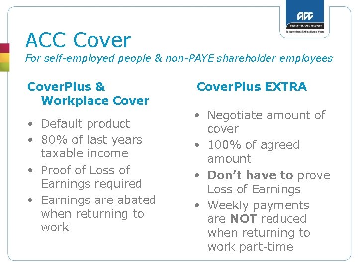 ACC Cover For self-employed people & non-PAYE shareholder employees Cover. Plus & Workplace Cover