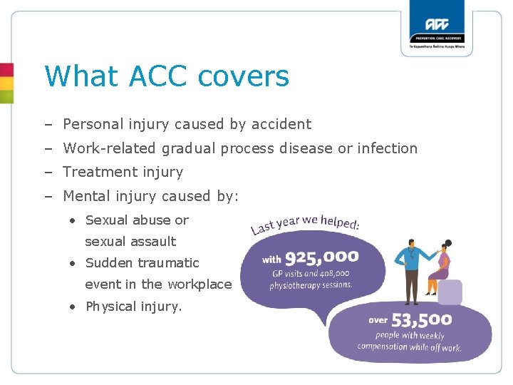 What ACC covers – Personal injury caused by accident – Work-related gradual process disease