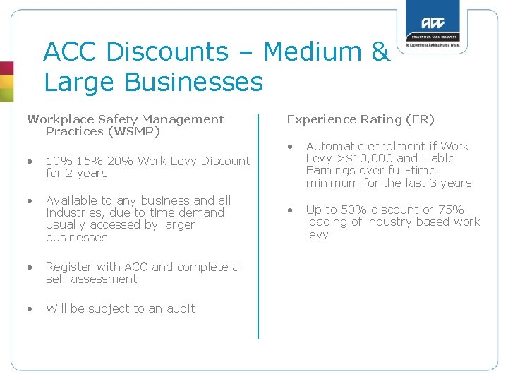 ACC Discounts – Medium & Large Businesses Workplace Safety Management Practices (WSMP) • 10%