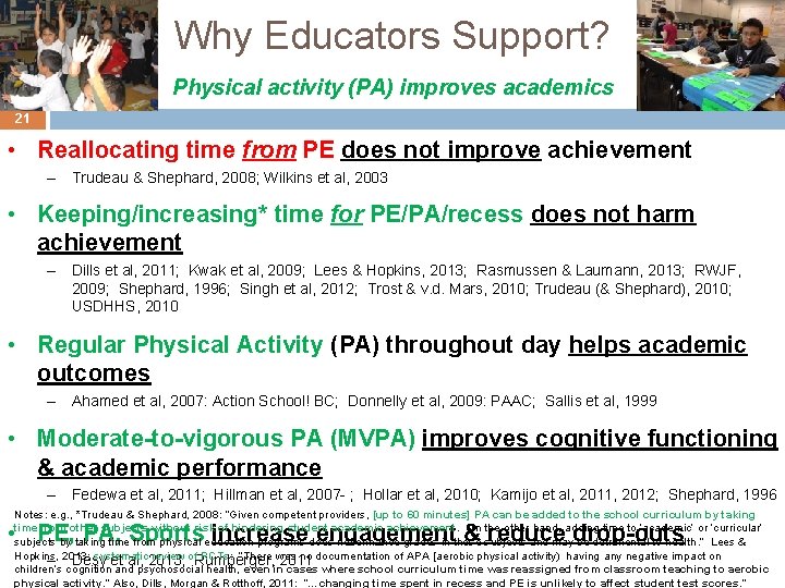 Why Educators Support? Physical activity (PA) improves academics 21 • Reallocating time from PE