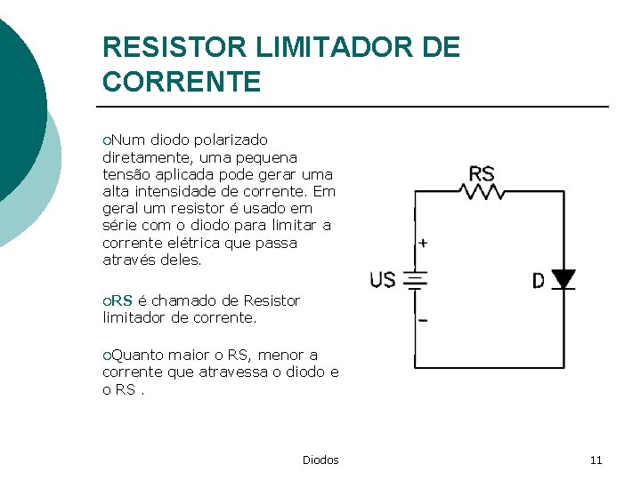 RESISTOR LIMITADOR DE CORRENTE ¡Num diodo polarizado diretamente, uma pequena tensão aplicada pode gerar