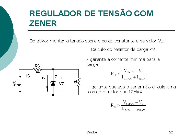 REGULADOR DE TENSÃO COM ZENER Objetivo: manter a tensão sobre a carga constante e