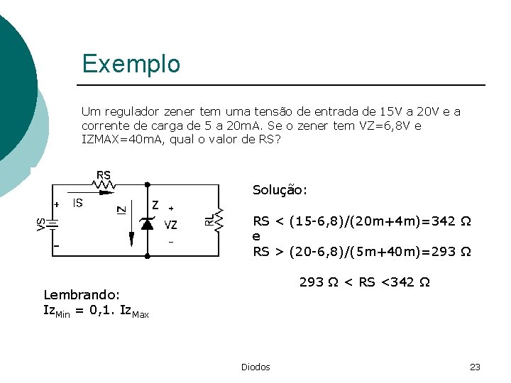 Exemplo Um regulador zener tem uma tensão de entrada de 15 V a 20