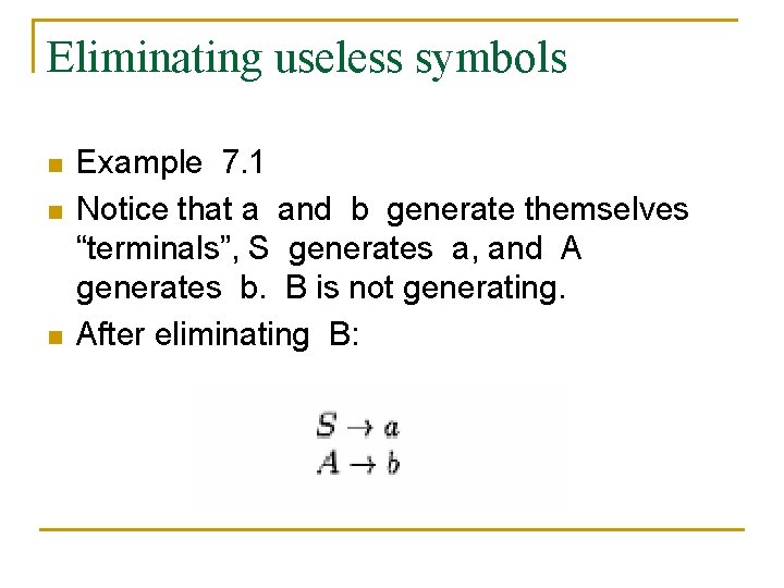 Eliminating useless symbols n n n Example 7. 1 Notice that a and b