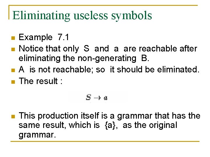Eliminating useless symbols n n n Example 7. 1 Notice that only S and