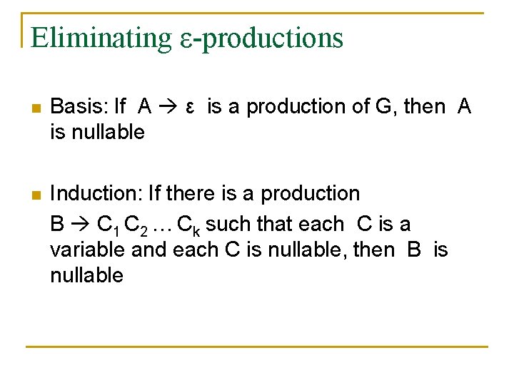 Eliminating ε-productions n Basis: If A ε is a production of G, then A