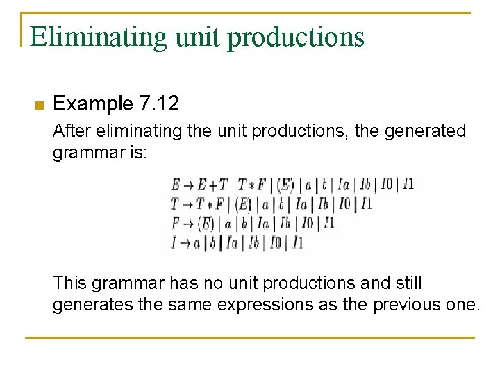 Eliminating unit productions n Example 7. 12 After eliminating the unit productions, the generated