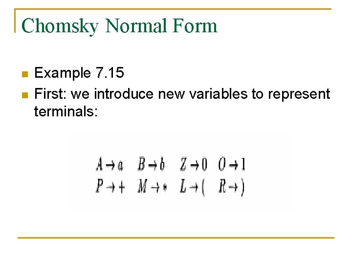 Chomsky Normal Form n n Example 7. 15 First: we introduce new variables to