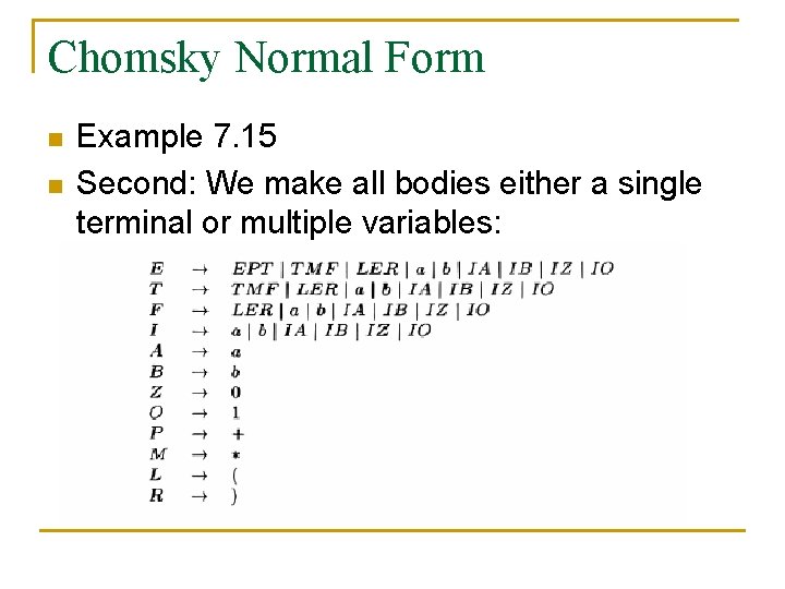 Chomsky Normal Form n n Example 7. 15 Second: We make all bodies either