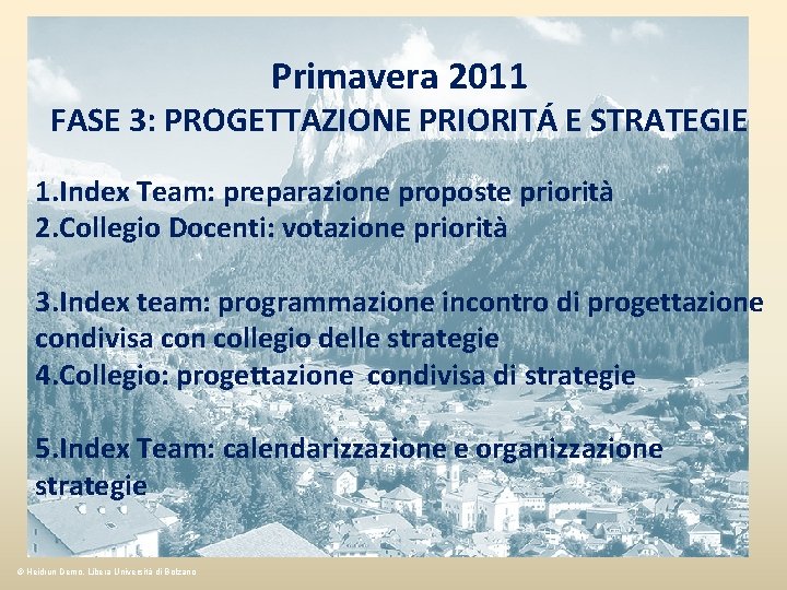 Primavera 2011 FASE 3: PROGETTAZIONE PRIORITÁ E STRATEGIE 1. Index Team: preparazione proposte priorità