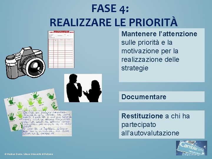 FASE 4: REALIZZARE LE PRIORITÀ Mantenere l’attenzione sulle priorità e la motivazione per la