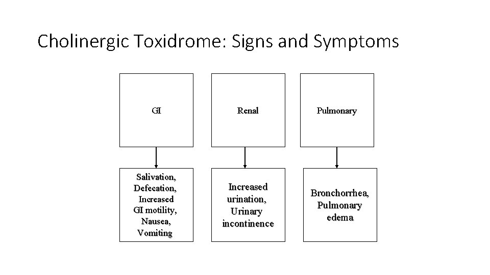Cholinergic Toxidrome: Signs and Symptoms GI Renal Salivation, Defecation, Increased GI motility, Nausea, Vomiting