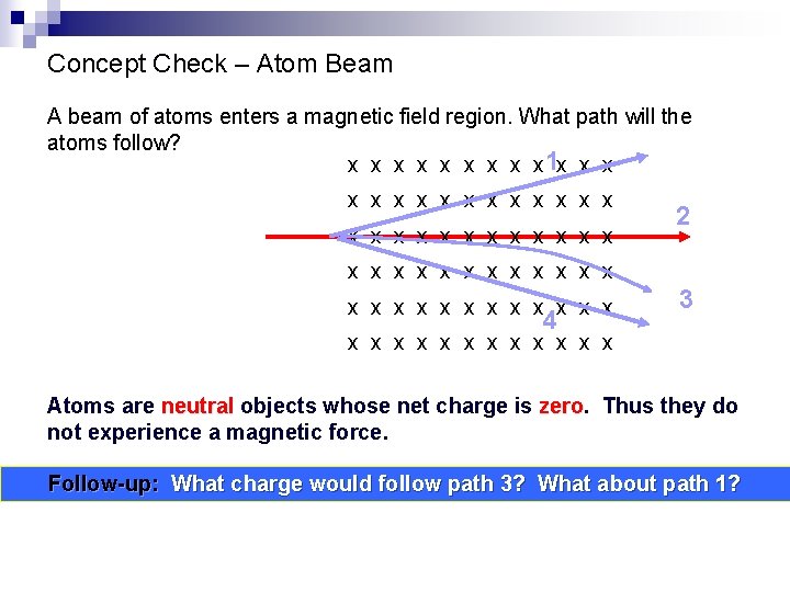 Concept Check – Atom Beam A beam of atoms enters a magnetic field region.