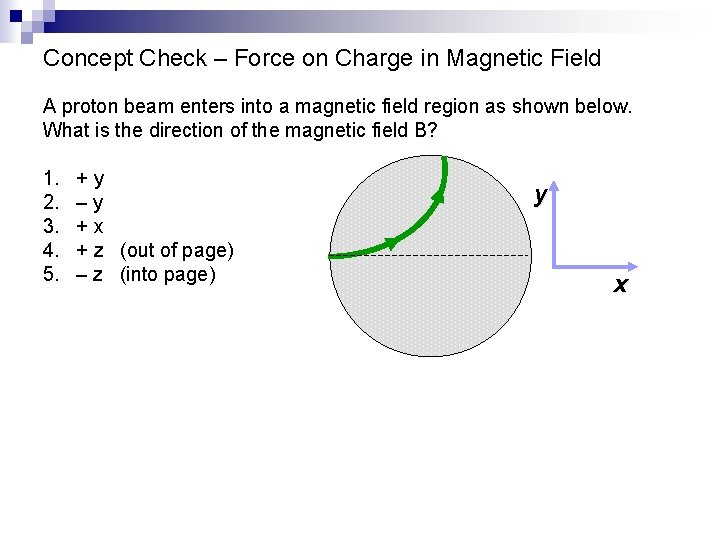 Concept Check – Force on Charge in Magnetic Field A proton beam enters into