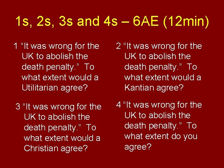 1 s, 2 s, 3 s and 4 s – 6 AE (12 min)